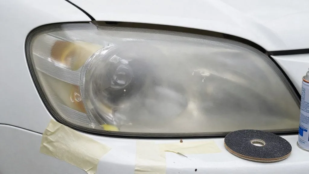 Sanded headlight to 3000 grit being sealed with SprayMax 2K clear for UV protection