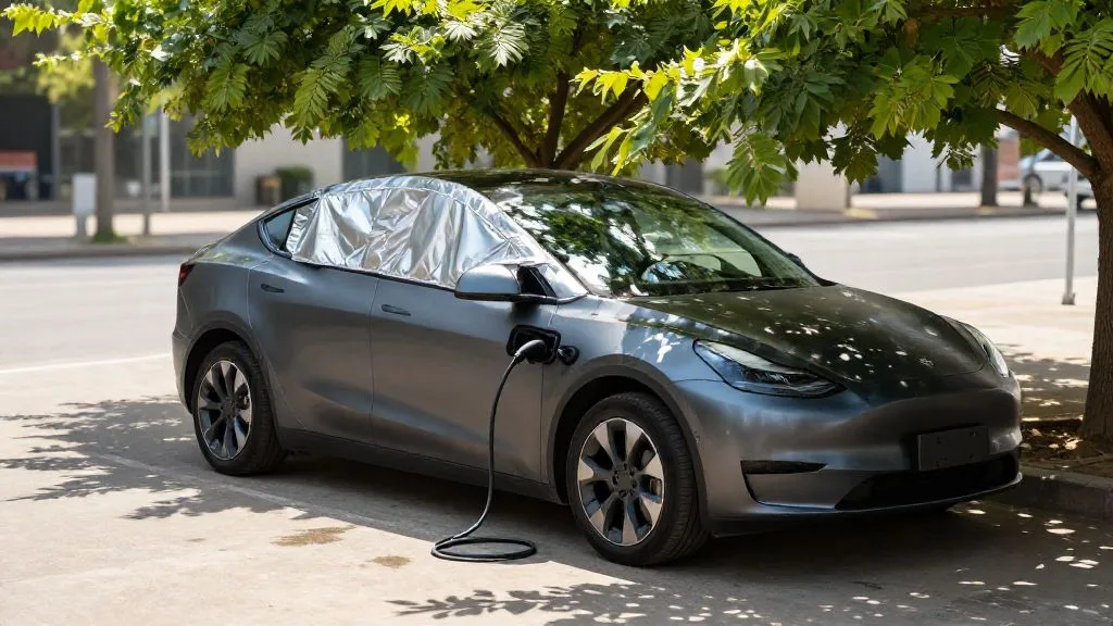 EV parked in shade with scheduled charging to protect battery during heat wave
